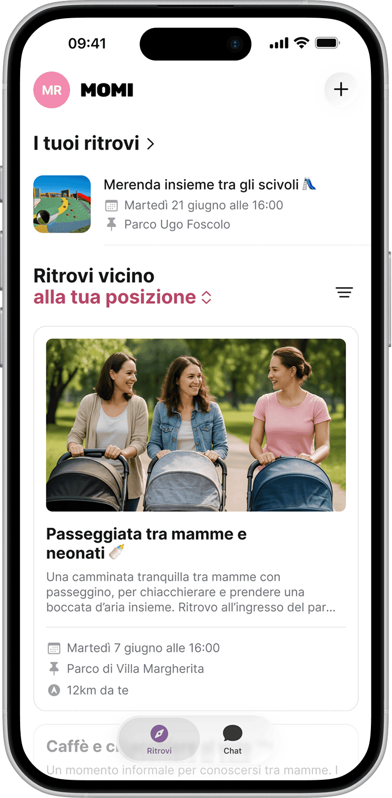 Schermata dell'app MOMI con i ritrovi disponibili nella zona