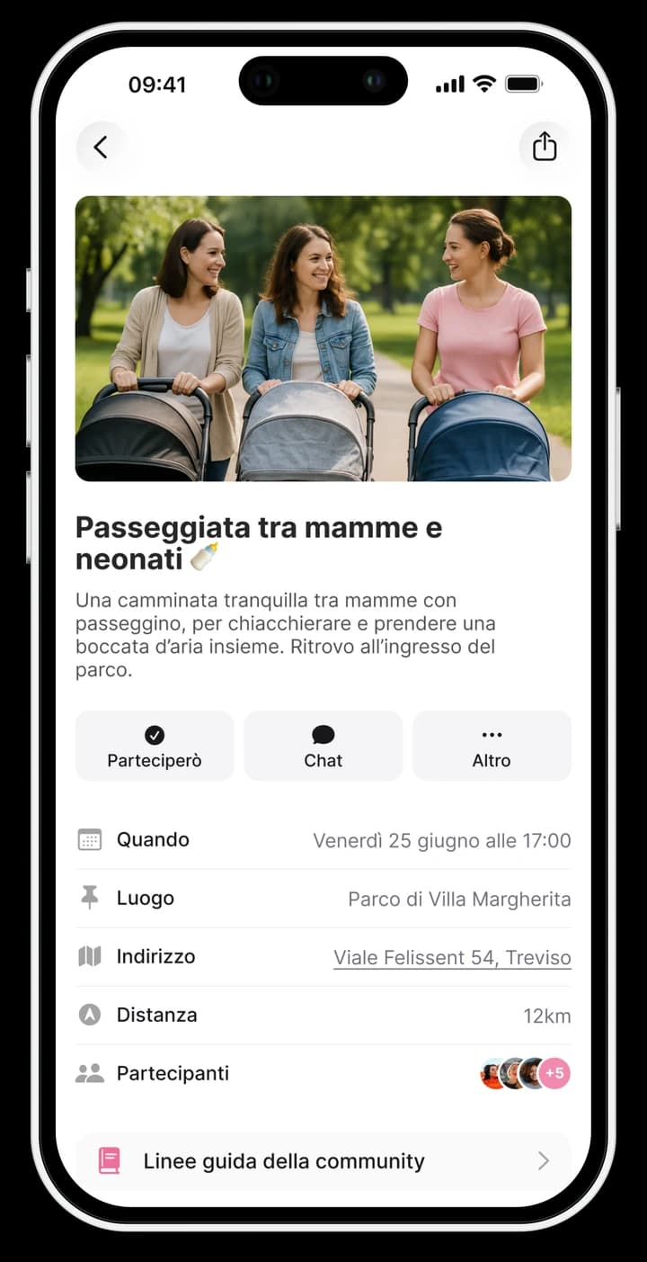Schermata di un ritrovo in MOMI: passeggiata tra mamme e neonati al parco